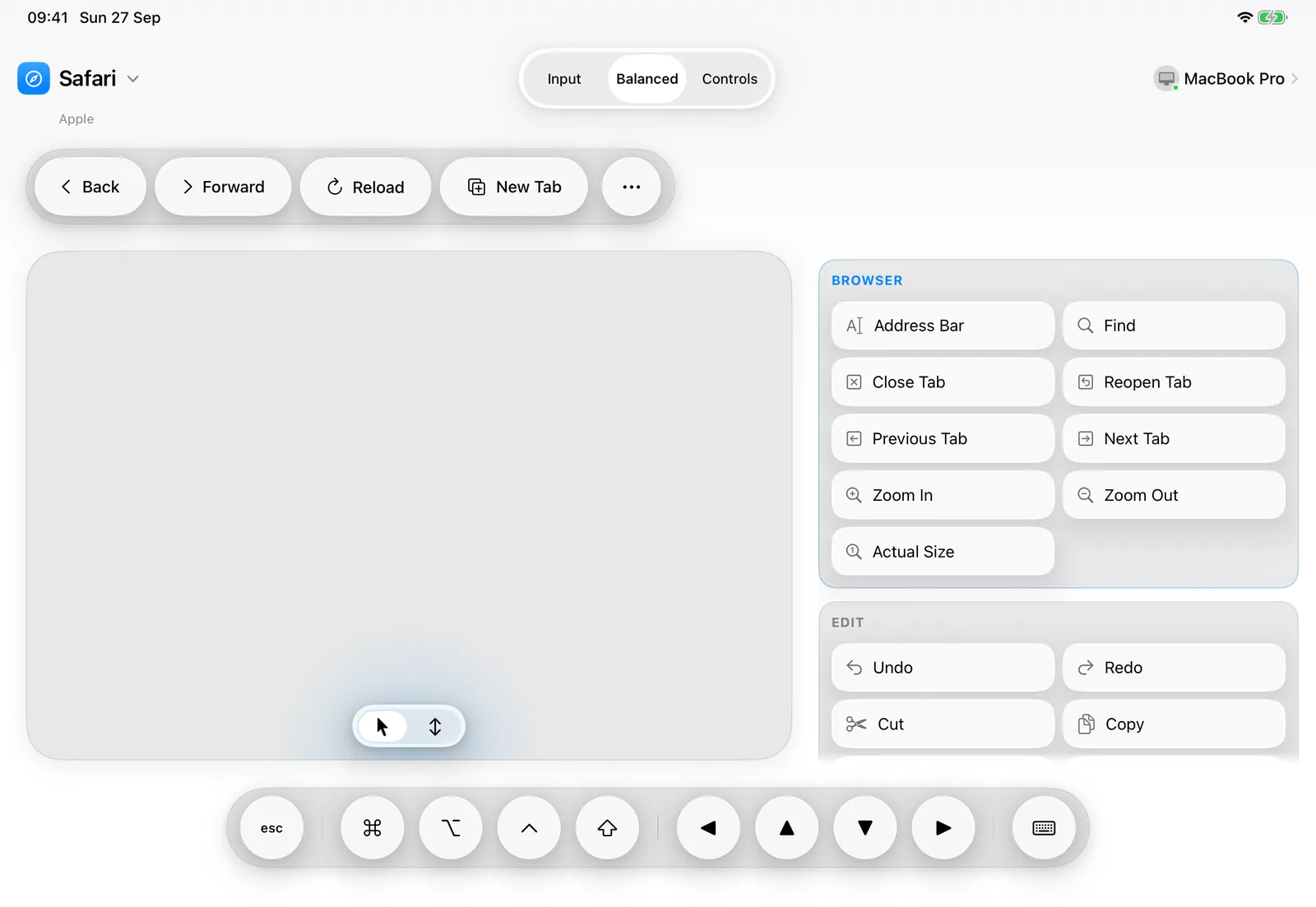 Balanced layout: a trackpad beside the app's other commands