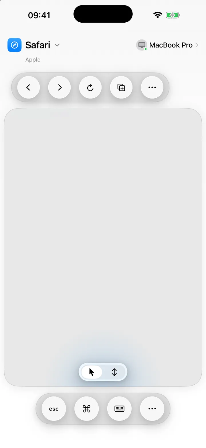 ControlPad's Input layout on iPhone: a large trackpad with Safari's commands above and Mac keys below